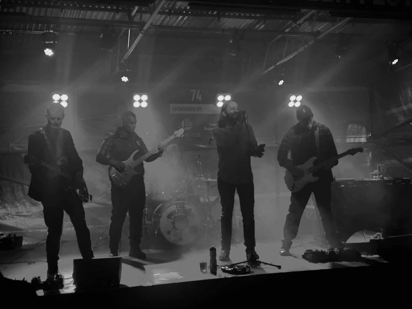 The Molecules performing live on a smoky stage, with vocals, guitars, bass and drums